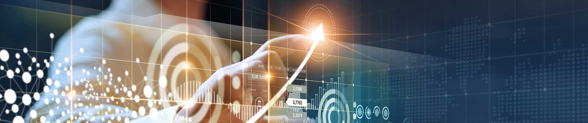 Businessmen pointing to arrows and business growth graphs on a modern virtual interface